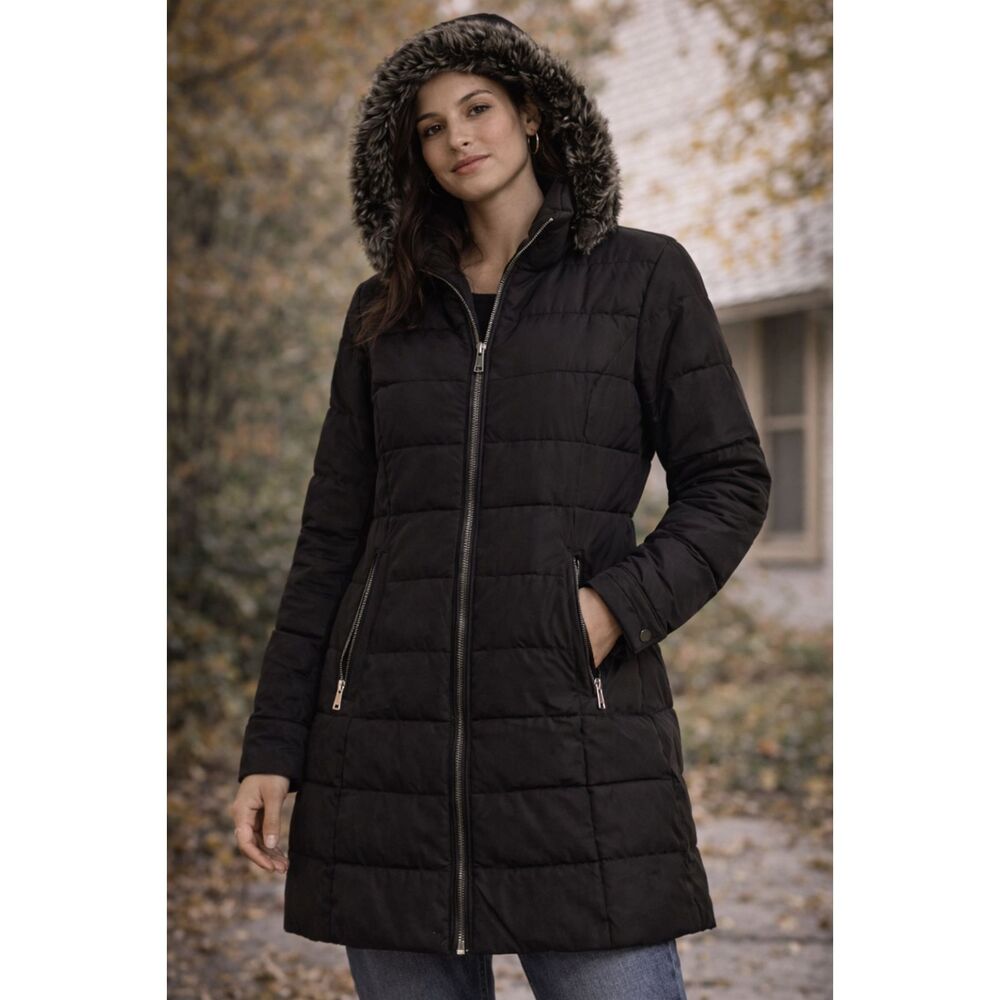 Laundry By Shelli Segal Black Puffer Coat with Faux Fur Hood XL